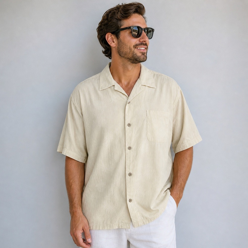 Cubavera Mens XXXL Silk Cotton‎ Pineapple Jacquard Camp Shirt Cream Short Sleeve